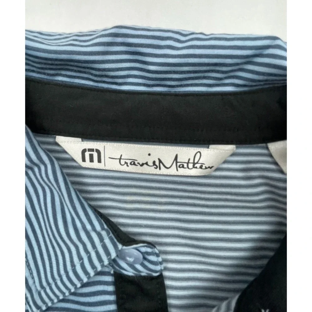 TRAVIS MATHEW POLO SHIRT MENS XL BLUE GREY STRIPED GOLF POLO SHORT SLEEVE CLUB